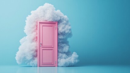 Pink door partially hidden by a white cloud against a blue background.