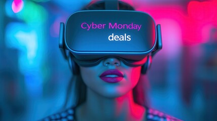 A woman wearing a virtual reality headset experiences Cyber Monday deals in a vibrant, neon-lit environment.