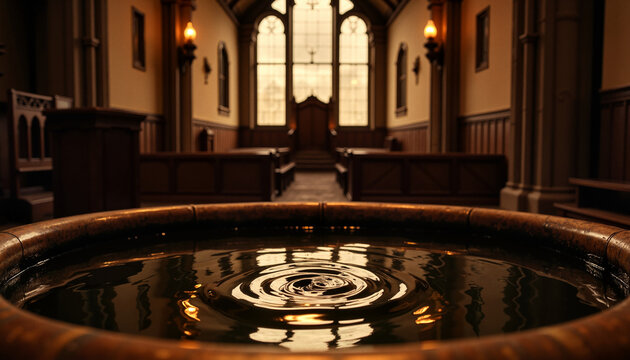 Ornate baptismal font with rippling water in a softly lit church interior, conveying tranquility and spirituality, copy space 
