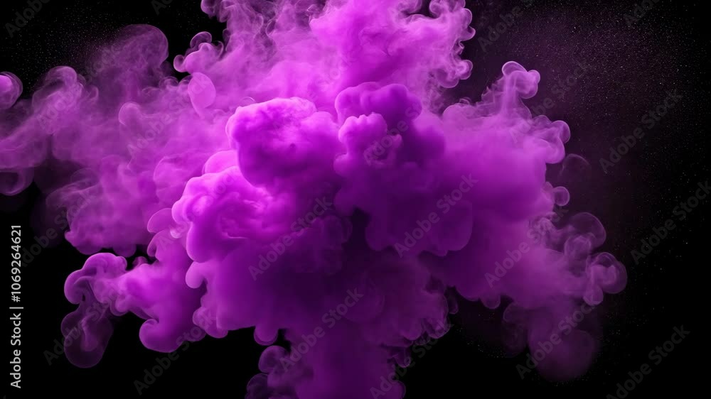 Poster purple ink swirls and diffuses in a dark background
