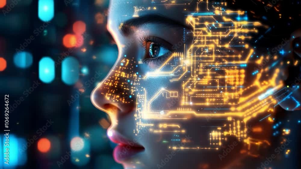 Poster a digital representation of a woman face is blended with intricate circuit patterns, highlighting th
