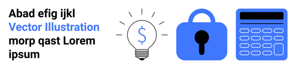 Dollar sign light bulb, lock, and calculator icons represent ideas, security, and calculation. Ideal for finance, banking, accounting, business strategy, cybersecurity, fintech innovations Banner
