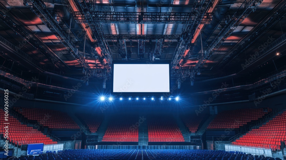 Aufkleber a large empty arena with red seating and a central screen, prepared for an event.
