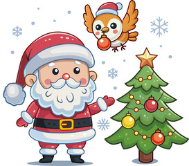 Happy New Year 2025 Card with Cute Snake in Santa Hat and Christmas Tree isolated on white background