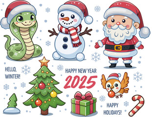 Cute Winter Holiday Character Set – Santa, Snowman, Snake, Bird, Christmas Tree, and Gifts