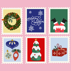 Traditional Christmas and New Year flat retro elements. Merry Christmas holiday vector illustration for greeting cards. Winter holiday vector icons. Holly decorative Christmas elements