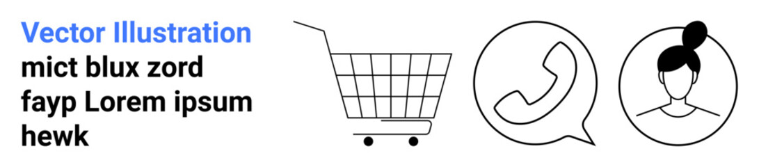 Shopping cart icon next to a phone call symbol and a female user avatar in speech bubbles. Ideal for e-commerce, customer service, user profiles, contact centers, shopping apps, website banners