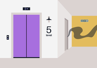 Gray smoke fills the hallway on the fifth floor, signaling a fire in a nearby apartment, The elevator stands nearby, reflecting a tense moment as smoke spreads, hinting at the need for action