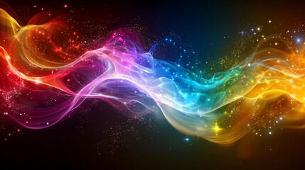 Fototapeta premium dynamic ribbons of light in red, purple, and yellow sweep across a dark background in a cosmic dance