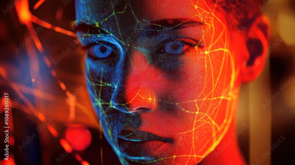 Poster a digitally enhanced portrait of a woman with glowing lines and patterns, symbolizing technology.