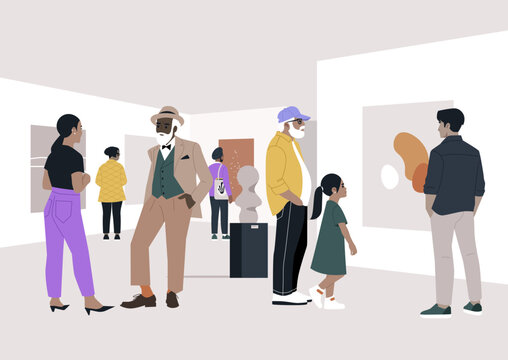 Visitors gather in a vibrant art gallery, exploring unique artworks, enjoying meaningful exchanges, and immersing themselves in the artistic atmosphere of the evening's event