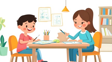 Mother and Children Engaged in Creative Learning Together