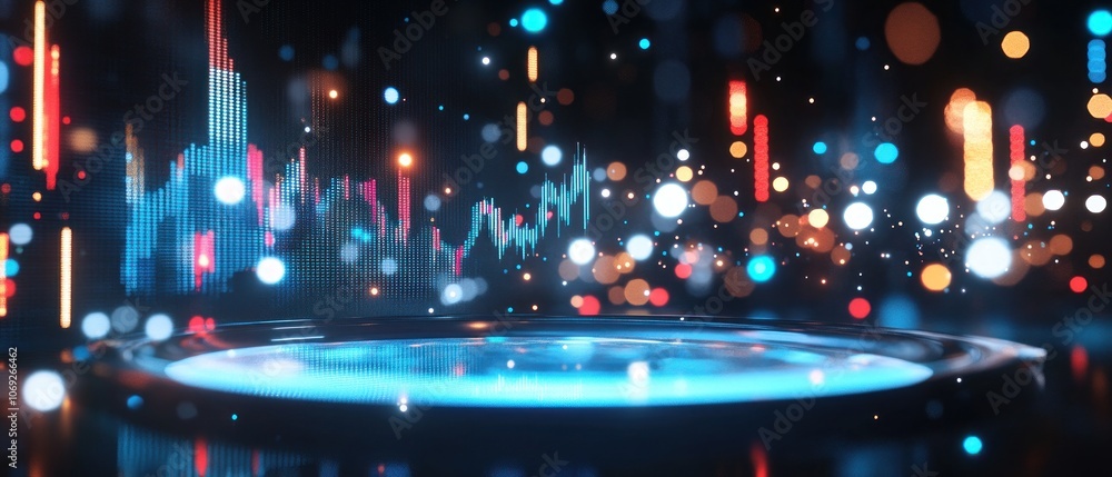 Poster a futuristic digital landscape with data visualizations and glowing elements.