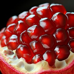 A close-up photo shows a juicy, open pomegranate with its red seeds. The fruit, also known as Punica granatum, rests on a black background, ready to be eaten.
