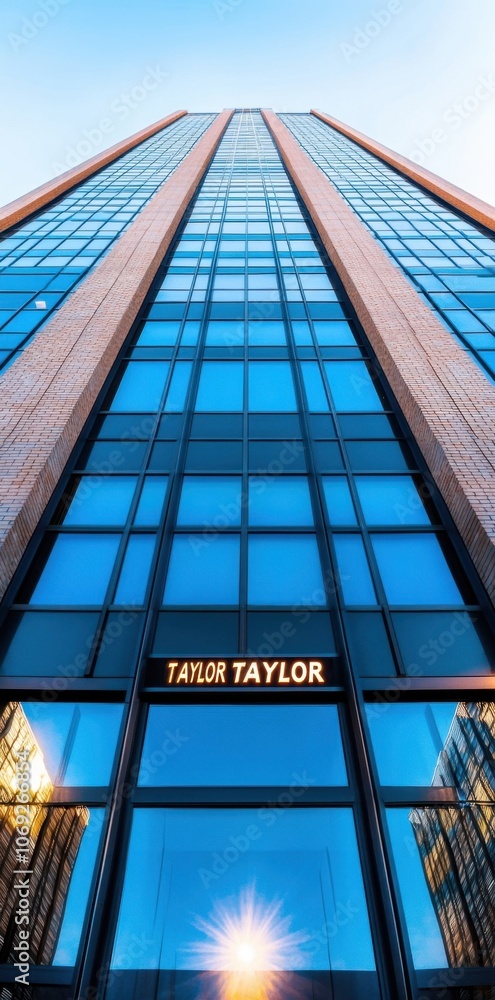 Poster striking modern architecture with bold geometric patterns and reflective glass