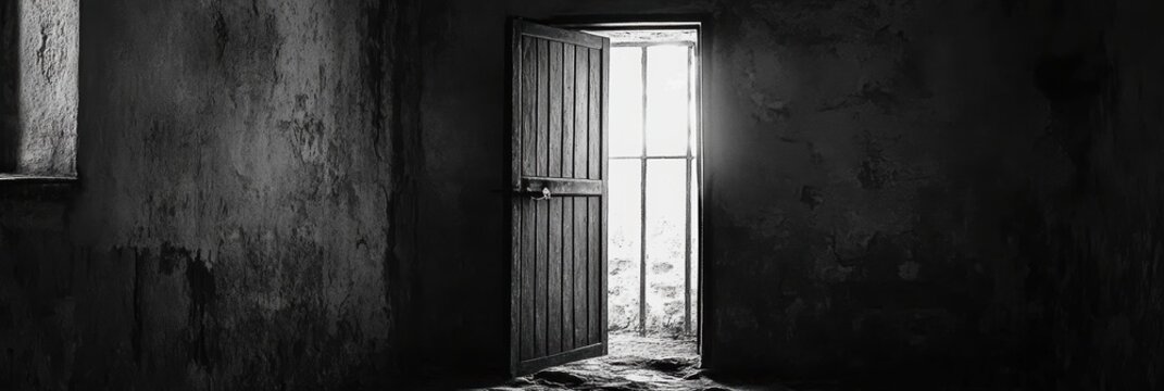 明るい光が差し込む古い廃屋の入口のドアが開いている様子