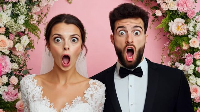 A bride and groom display their astonishment and shock amidst vibrant floral decorations during their wedding ceremony