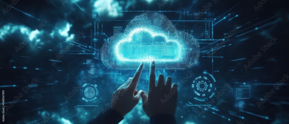Poster a digital cloud interface with hands interacting, symbolizing data management and technology.