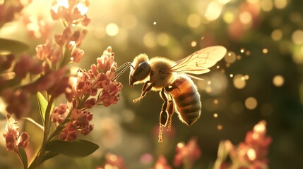 Fototapeta premium A detailed, sunlit photograph of a bee actively collecting nectar from pink flowers, with expressive bokeh and sunlit detailing enhancing the vibrant scene.