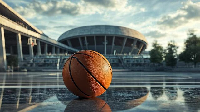 A basketball sits on a wet court in front of a large stadium