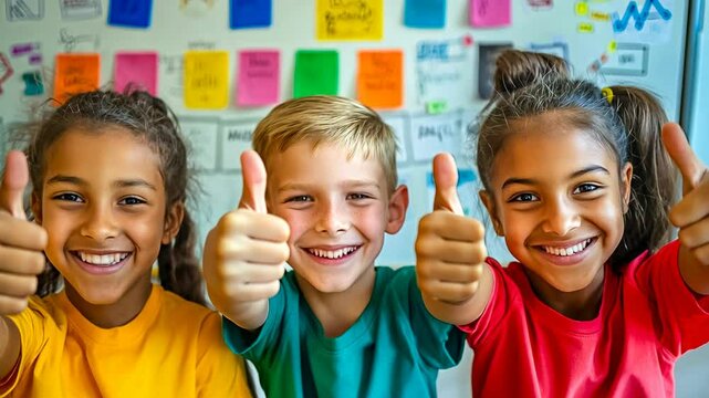 Three joyful children, a Caucasian boy and two mixed-race girls, giving thumbs up in a colorful classroom setting. They are wearing bright t-shirts, hinting at a lively school environment and