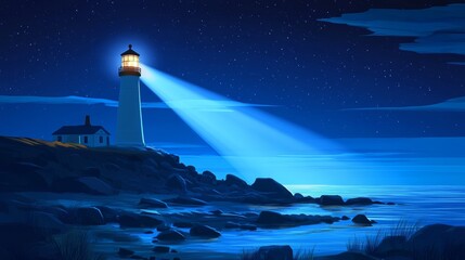 A lighthouse illuminates the dark, starry night, casting a wide beam of light across the tranquil seascape, symbolizing guidance, mystery, and tranquility. © bersch28
