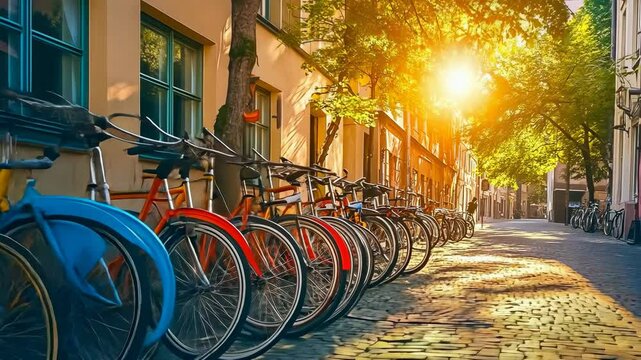 A row of vibrant, colorful bicycles parked along a cobblestone street bathed in warm sunlight. The scene captures a serene early morning in an urban setting, emphasizing a sustainable mode of