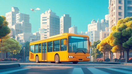 A yellow bus driving on a city street with buildings and trees in the background.