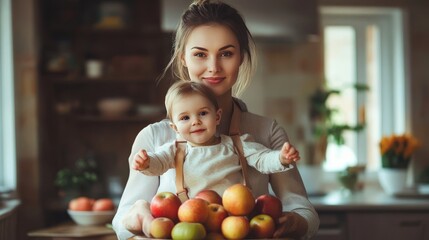 Fototapeta premium A joyful mother holds her cheerful toddler in a bright kitchen, both surrounded by fresh apples, symbolizing health and happiness in a lively family environment.