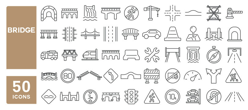 Set of 50 line icons related to bridge, highway, tunnel, road, structure, crossroad, street, landmark, Editable stroke. Vector illustration