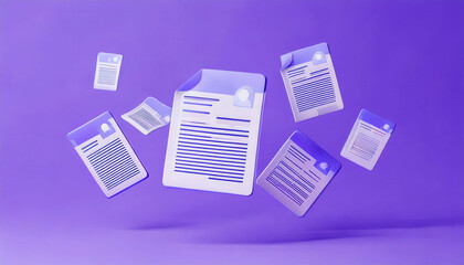Floating documents in varying sizes against a vibrant purple background, showcasing a modern, digital vibe related to paperwork or digital organization.