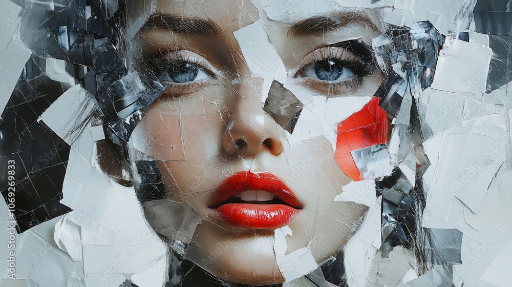 Poster a woman's face is partially obscured by pieces of paper, creating a fragmented and abstract portrait