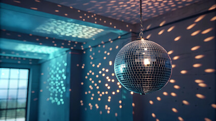 Obraz premium Shimmering disco ball reflecting colorful lights on a wall in a playful indoor setting