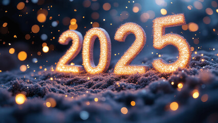 2025 sparkling in a snowy setting with magical bokeh lights