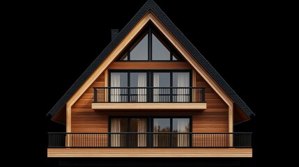 Modern Wooden Chalet with Large Balconies and Black Roof Against Dark Background