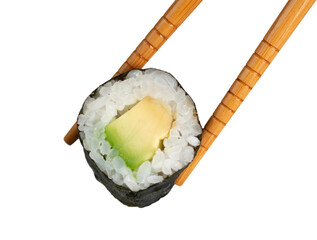 Chopsticks holding avocado maki sushi roll isolated on transparent background © Miquel