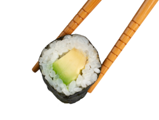 Chopsticks holding avocado maki sushi roll isolated on transparent background