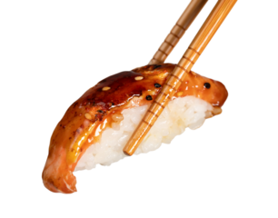 Chopsticks holding grilled eel sushi with teriyaki sauce and sesame seeds, isolated on transparent background