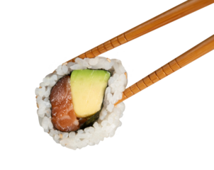 Chopsticks holding uramaki sushi roll with salmon and avocado, isolated on white background