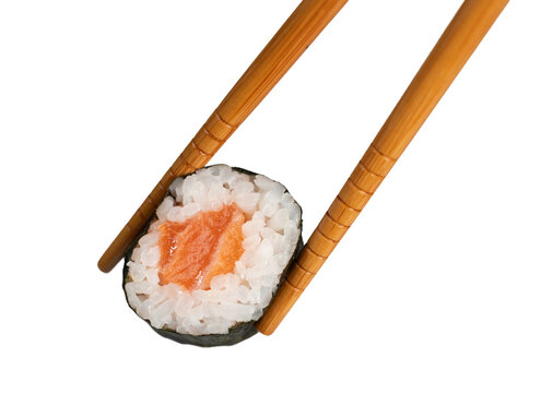 Chopsticks holding salmon maki sushi roll with white background, isolated on transparent background