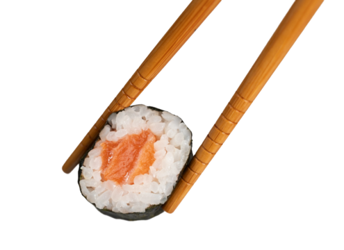 Chopsticks holding salmon maki sushi roll with white background, isolated on transparent background