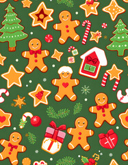 Fototapeta premium Vector Christmas seamless pattern with gingerbread cookies. Festive baking for winter holidays. Gingerbread men and Christmas tree, star, bell, house, cane, heart, ball, crescent, present, mistletoe