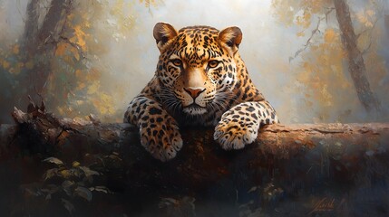 The jaguar lounges atop a sturdy log, its vibrant fur contrasting against the misty rainforest backdrop. The atmosphere is calm and serene, showcasing nature's beauty.