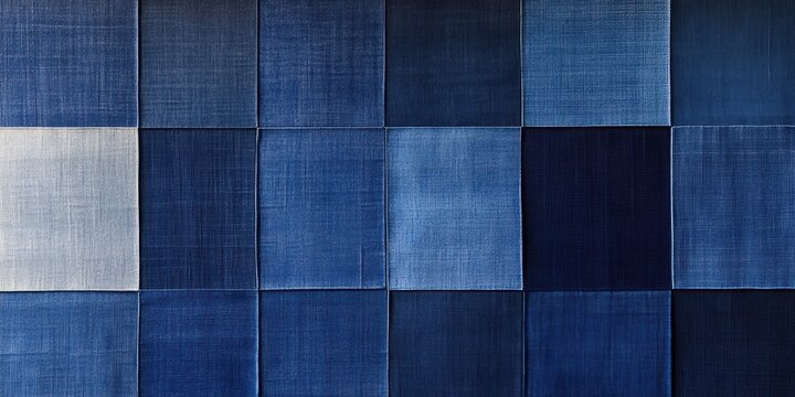 深い青の色合いが特徴的なデニムのパッチワークアート作品を展示する場所