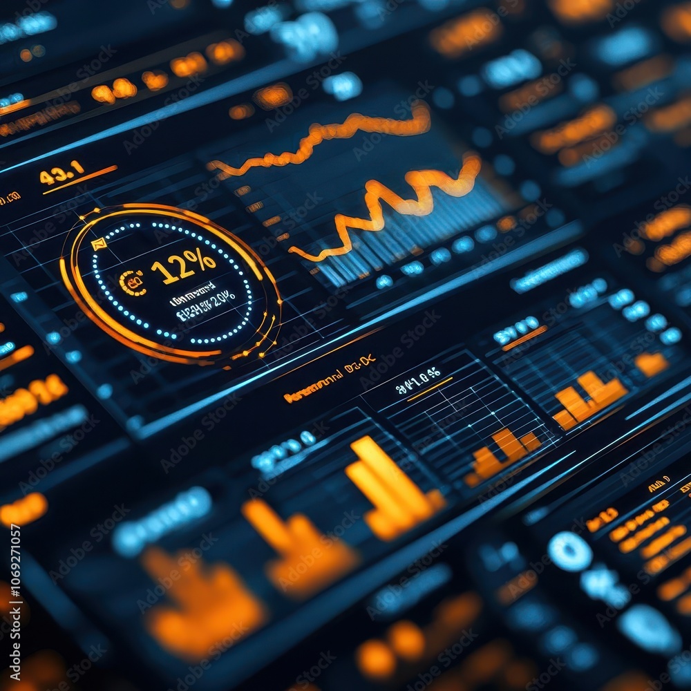 Poster a vibrant dashboard featuring various financial metrics, graphs, and indicators, showcasing data ana