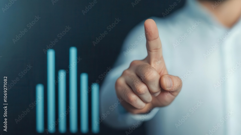Poster a person gesturing with one finger raised, alongside a digital representation of bars, suggesting in