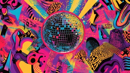 Design a poster featuring a disco ball surrounded by psychedelic patterns and colors.