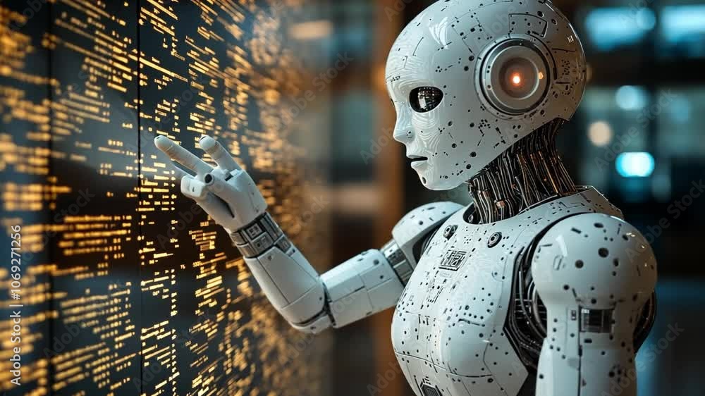 Poster a humanoid robot interacting with a glowing data wall in a modern tech lab during an evening session