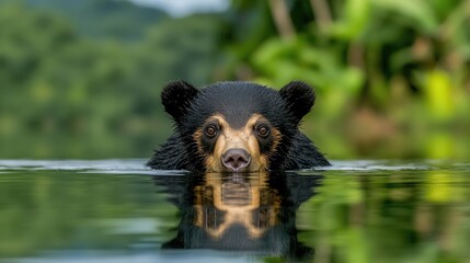 Fototapeta premium A gentle bear encounters nature’s beauty at water’s edge, showcasing wildlife elegance with vibrant colors in the wild