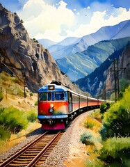 Obraz premium watercolor of a a train going through mountains with beautiful natural dramatic view